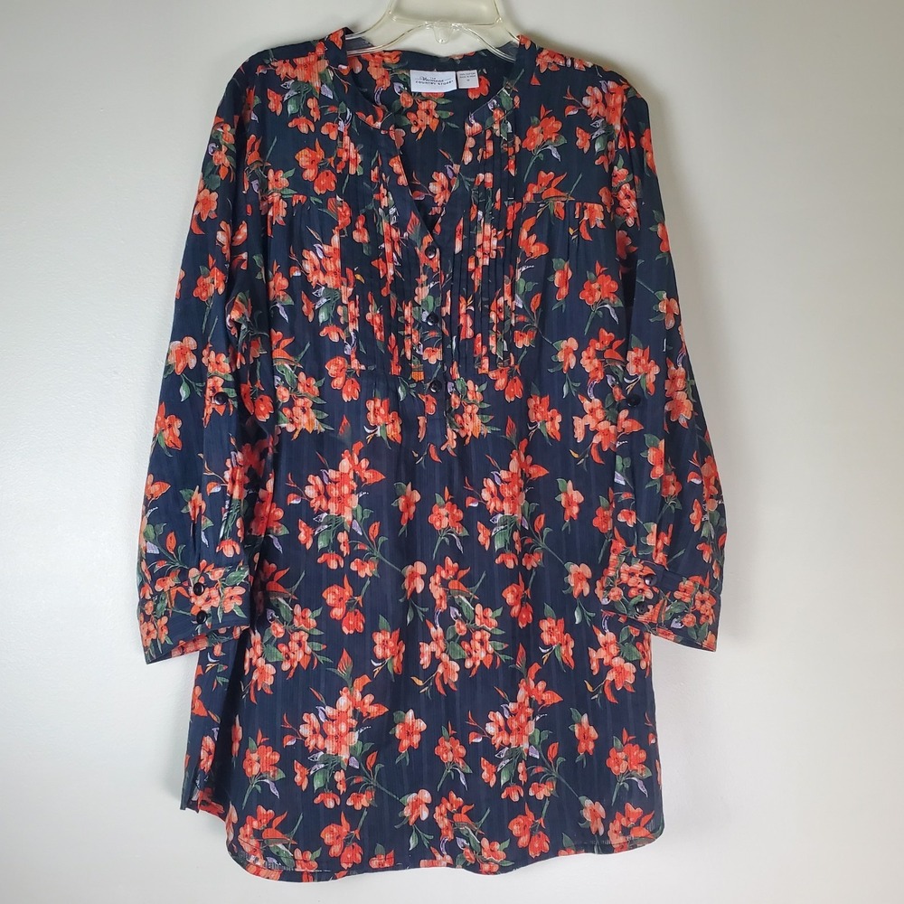 Vermont Country Store Floral Cotton Pintuck Tunic Top Medium Adjustable Sleeve